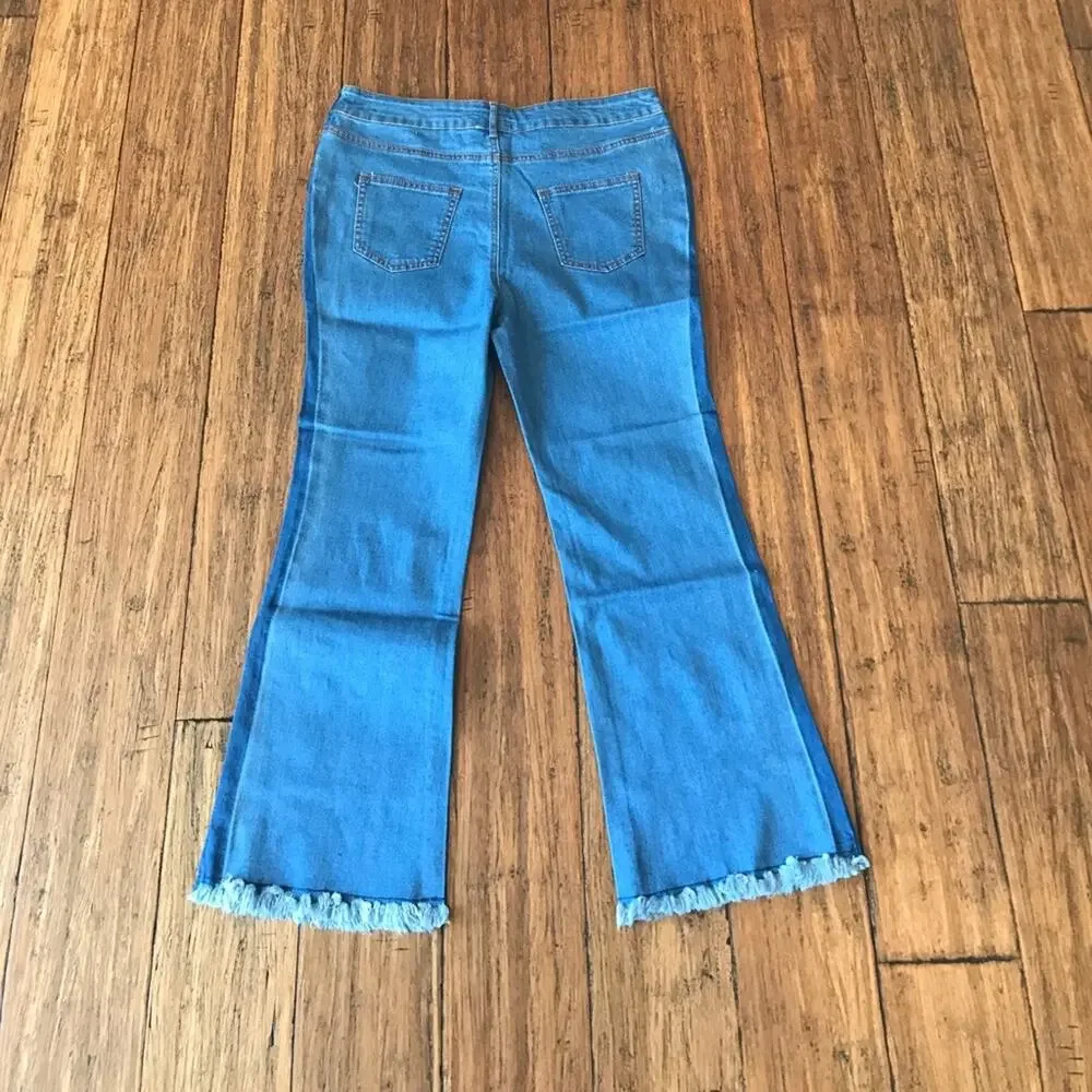 Light Wash Cropped Flare Jeans Raw Frayed Hem Button Fly Denim Size 31_6